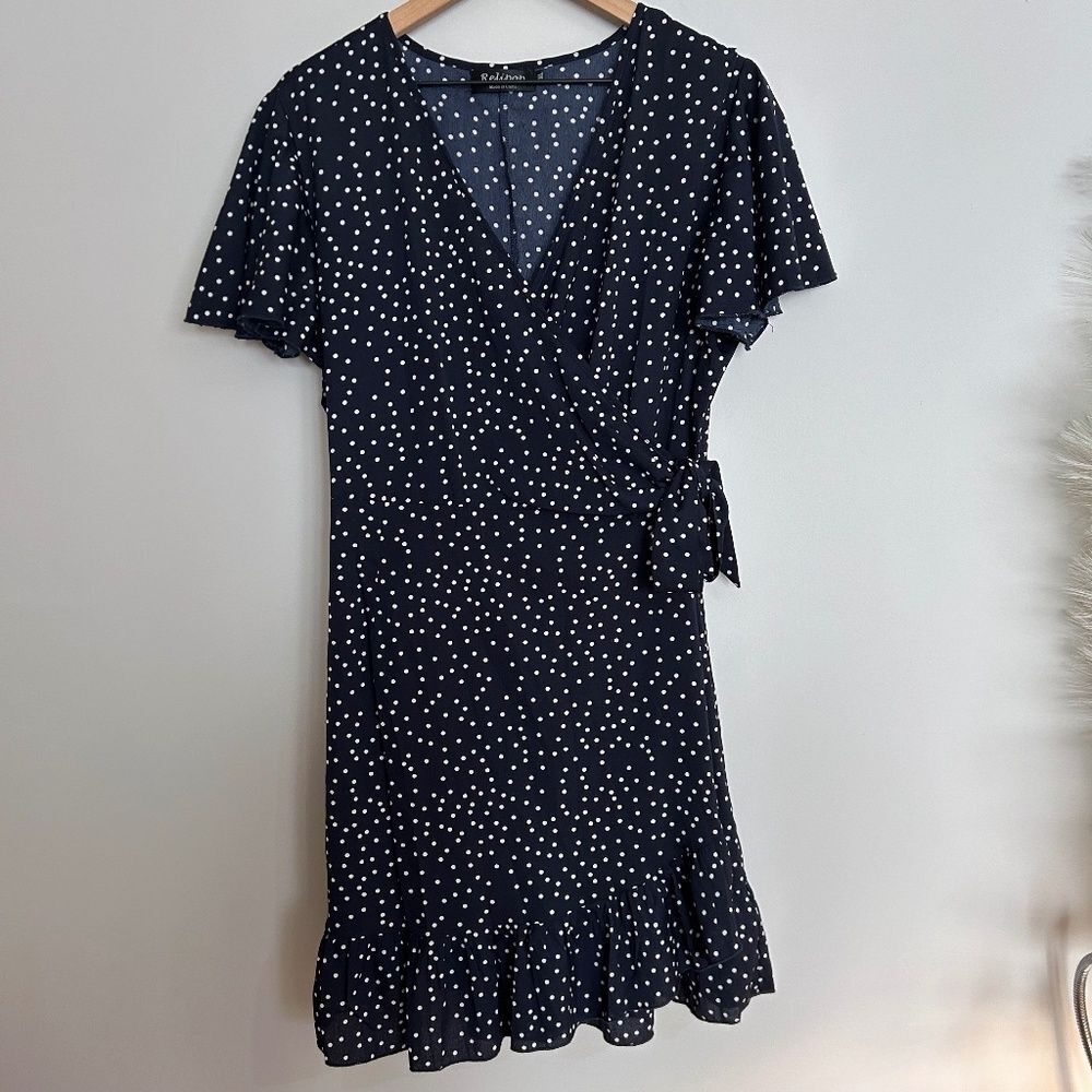 Navy Polka Dot Ruffle Hem Wrap Dress